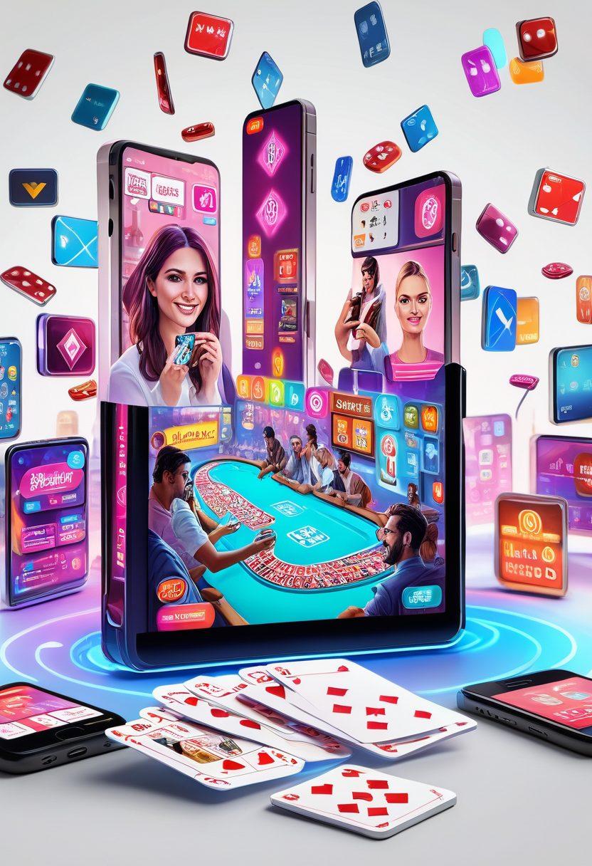 A dynamic digital landscape featuring a diverse group of people engaging in a vibrant game of rummy through their smartphones and tablets, surrounded by eye-catching online advertisements and social media icons like Facebook, Instagram, and Twitter. The background should include billboards and neon signs showcasing rummy games. Modern, sleek, and vibrant visuals with a white background. super-realistic. vibrant colors.