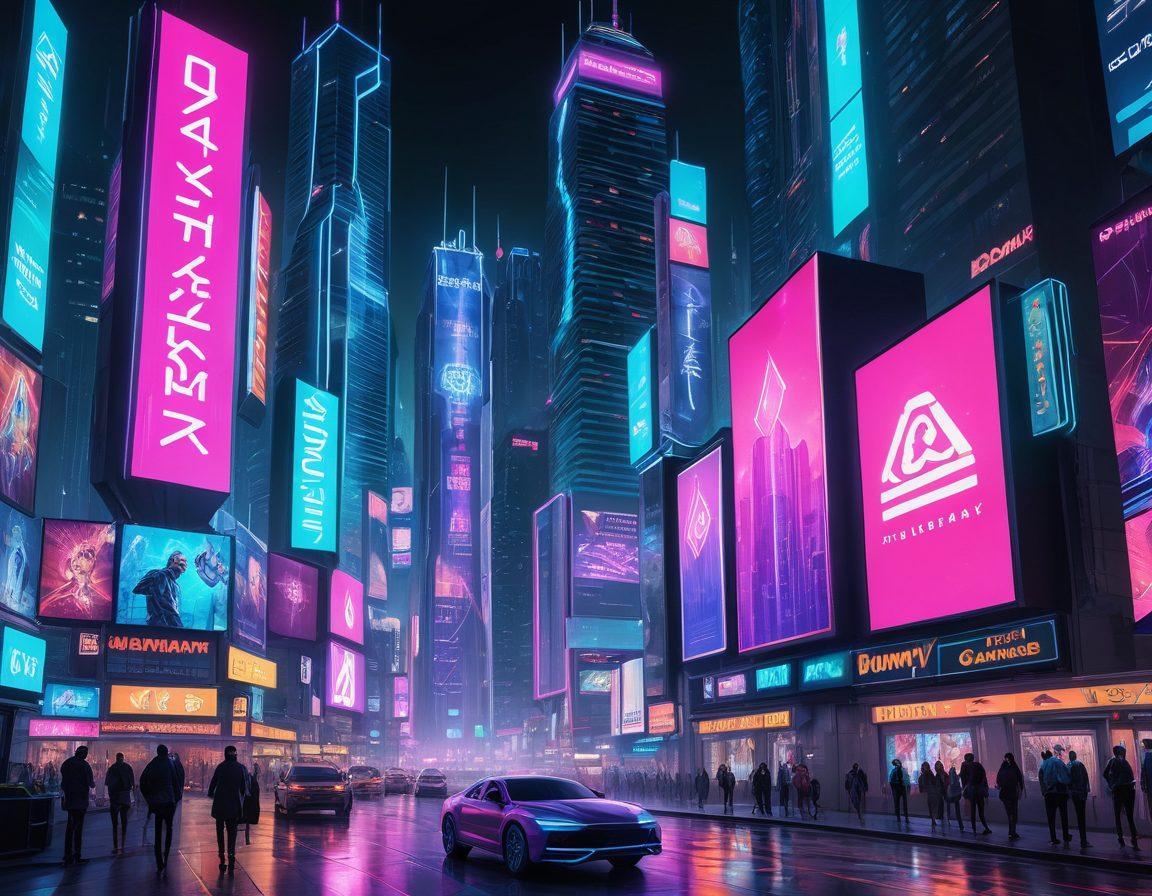 A futuristic cityscape with holographic display ads and digital billboards showcasing rummy games. Transparent screens displaying real-time programmatic advertising analytics, rendered in glowing neon colors. Include modern skyscrapers and tech-savvy individuals interacting with the ads through augmented reality interfaces. cyberpunk. vibrant colors. 3D.