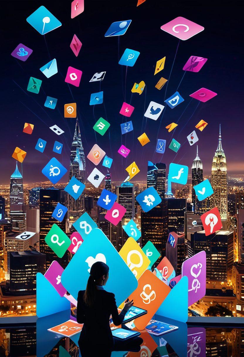 A dynamic collage featuring various social media icons flying high above a vibrant cityscape with playing cards smoothly transitioning into digital forms. A group of diverse people intensely engaged on their devices with rummy campaigns displayed on screens. The scene should convey energy, connectivity, and innovation. 3D. vibrant colors. futuristic. high-tech atmosphere.